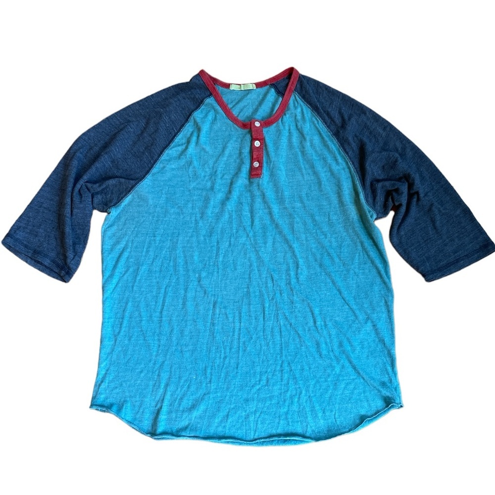 Alternative 3/4 Sleeve Two Tone Henley Tee Blue Burnout Cotton Soft Trendy GUC - Picture 1 of 6